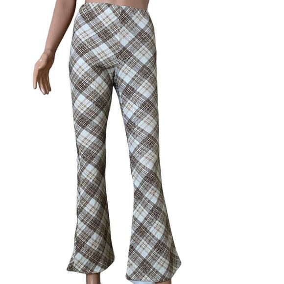 Topshop Petite high waisted bengaline flared pants tan check Stretch US SZ sm - Picture 2 of 11